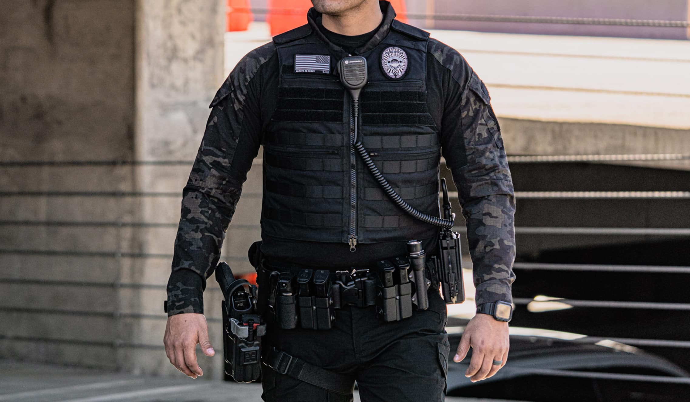 Police Officer wearing Patrol Bulletproof Vest in Black