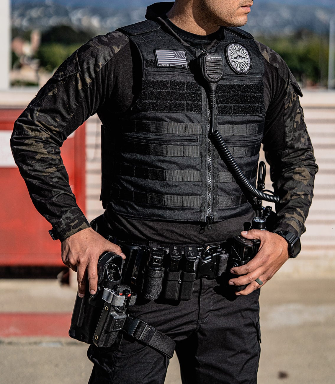 Police Officer wearing Patrol Bulletproof Vest in Black